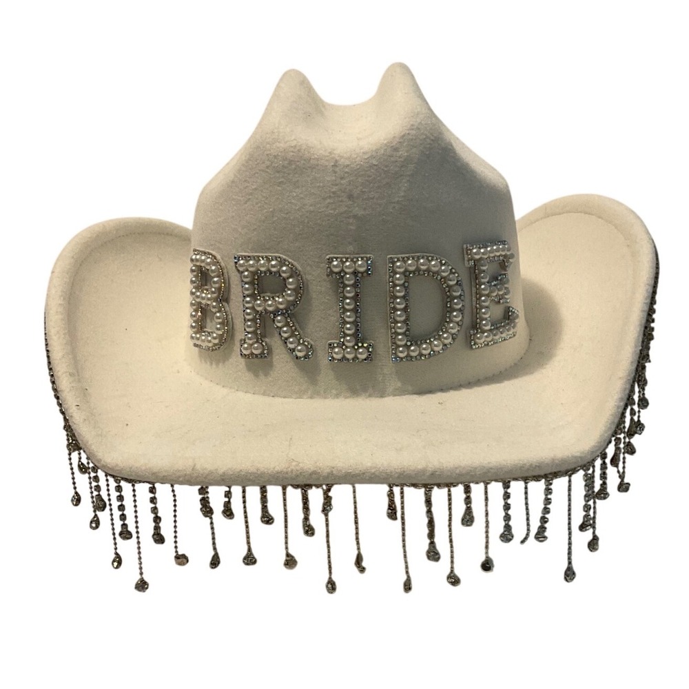 White Bride Cowboy Hat Pearl Rhinestone Fringe Bachelorette Party Western Felt